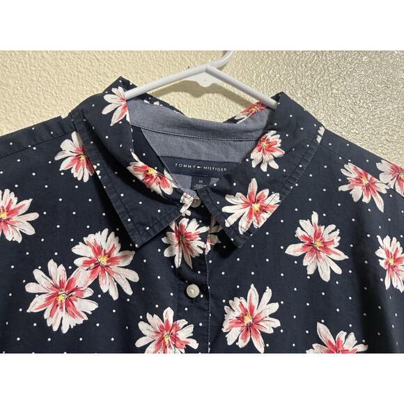 Tommy Hilfiger Womens 1X Button Down Blouse Navy Blue Floral Roll Tab Cotton - Picture 3 of 14